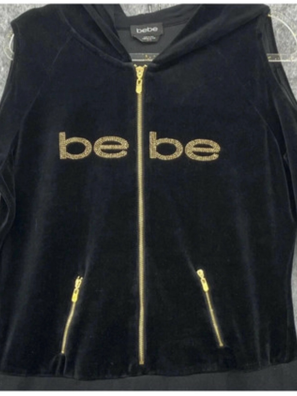 bebe Black Velvet Zip Hoodie Jumpsuit with Gold Hardware - Picture 4 of 6